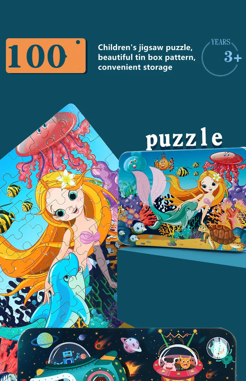 Puzzles for Kids 100 PCS Cartoon Animal Fire Engine Rocket Mermaid Gift Game