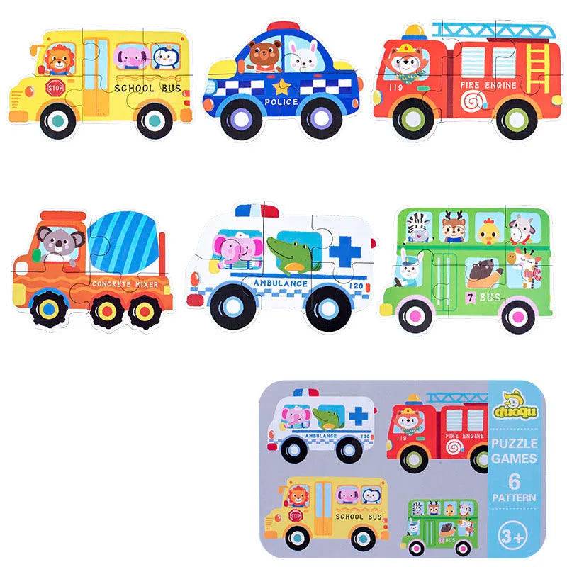Montessori puzzles in metal box animals, means of transport, dinosaurs, fruits and vegetables
