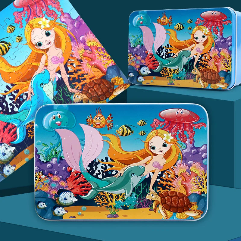 Puzzles for Kids 100 PCS Cartoon Animal Fire Engine Rocket Mermaid Gift Game