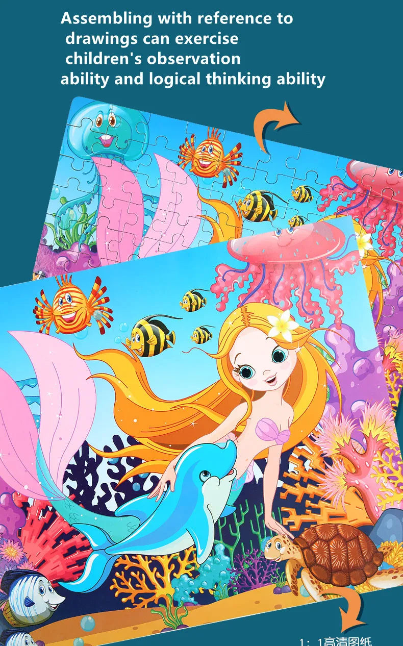 Puzzles for Kids 100 PCS Cartoon Animal Fire Engine Rocket Mermaid Gift Game