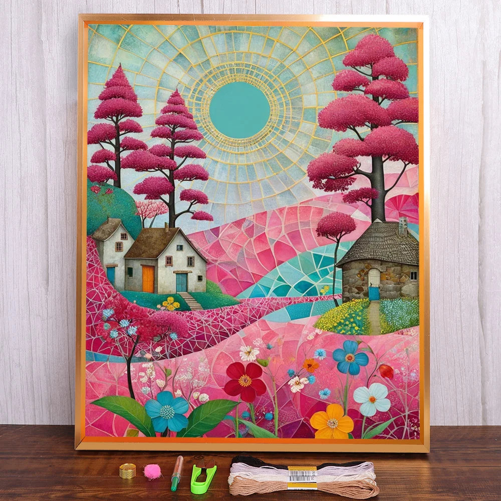Ensemble de points de croix imprimé Paysage rose