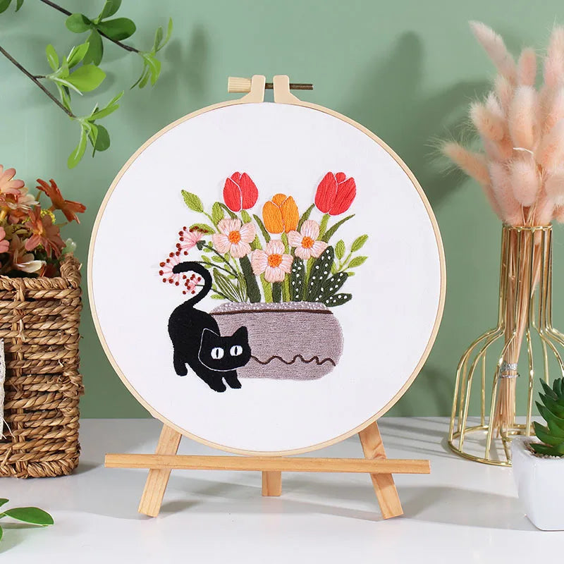 Cat and Plants Embroidery Kits for Beginners