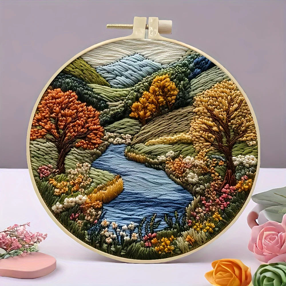 Hand Embroidery Kits for Beginners, Mountain and Moon Landscape