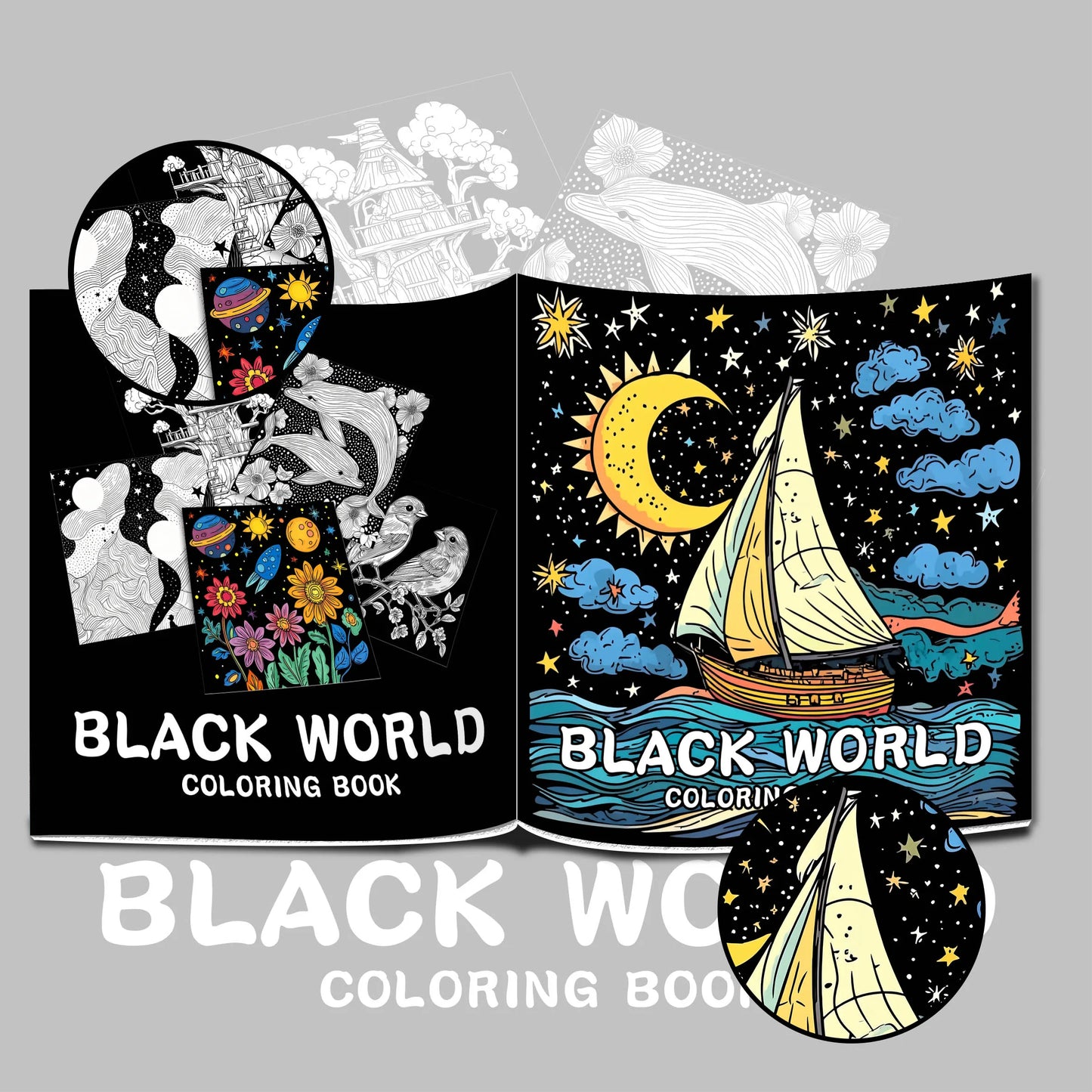 Adult Coloring Book on Black Background, Multi-Element Art for Relaxation