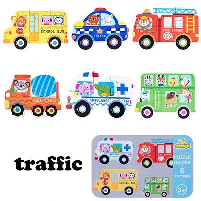 Montessori puzzles in metal box animals, means of transport, dinosaurs, fruits and vegetables