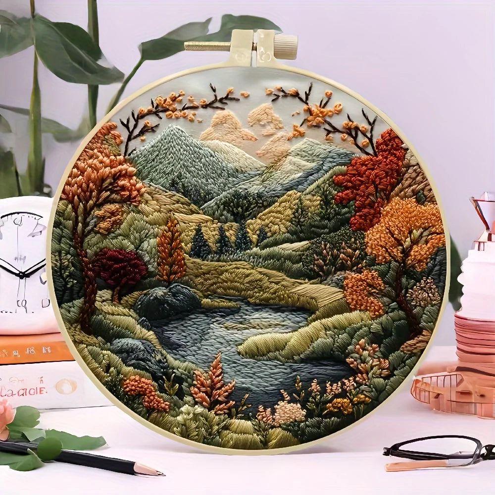 Hand Embroidery Kits for Beginners, Mountain and Moon Landscape