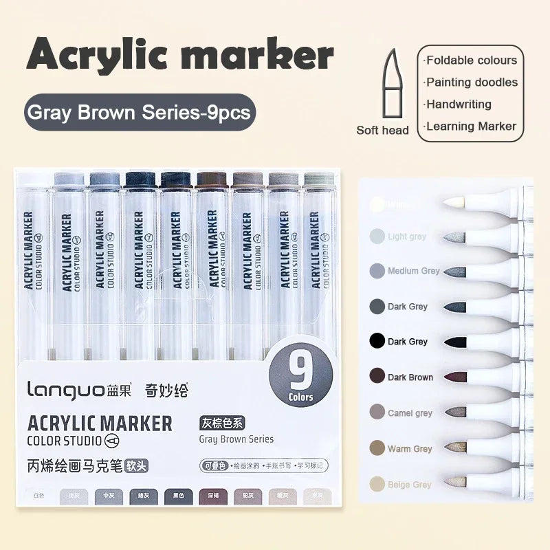 Boites de 9 Marqueurs à l'acrylique Languo Différentes nuances disponibles