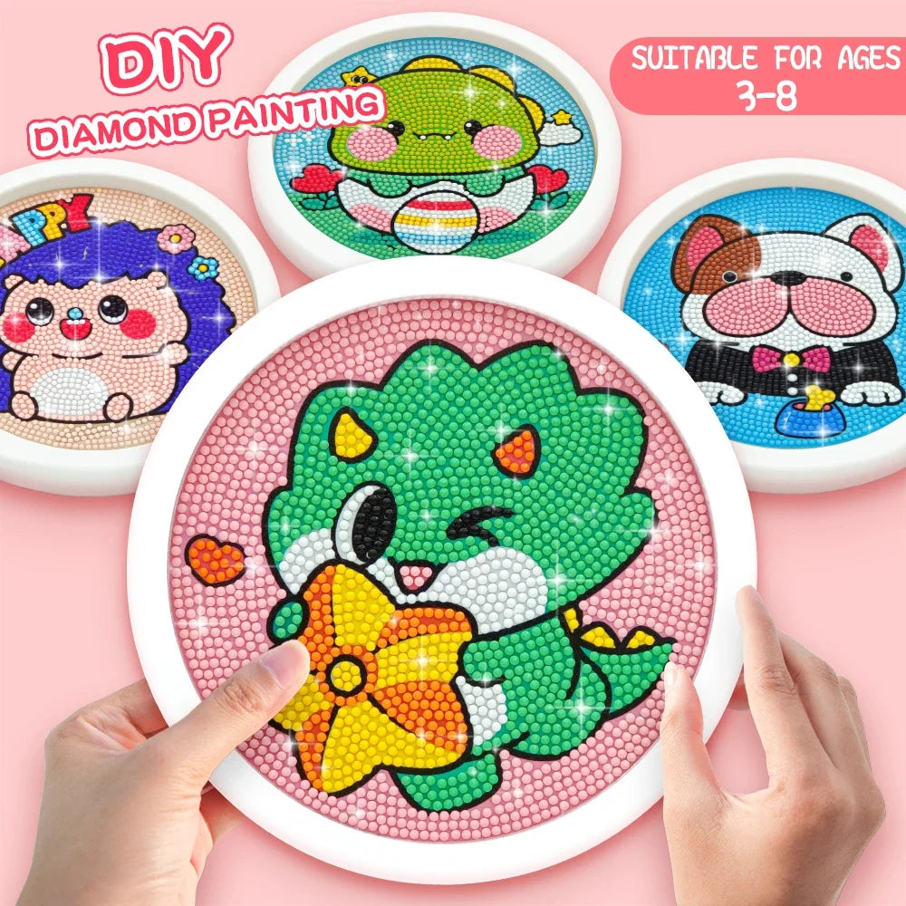 Peinture à diamants avec cadre rond pour enfant Dinosaure chien hérisson
