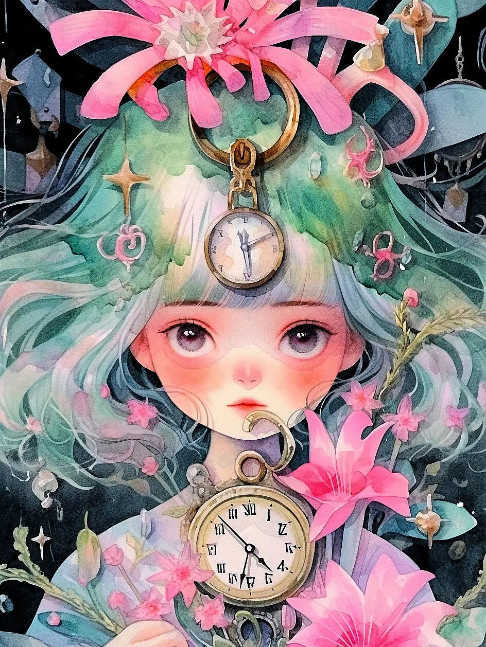 Kits Point de croix broderie imprimés anime fille à l'horloge