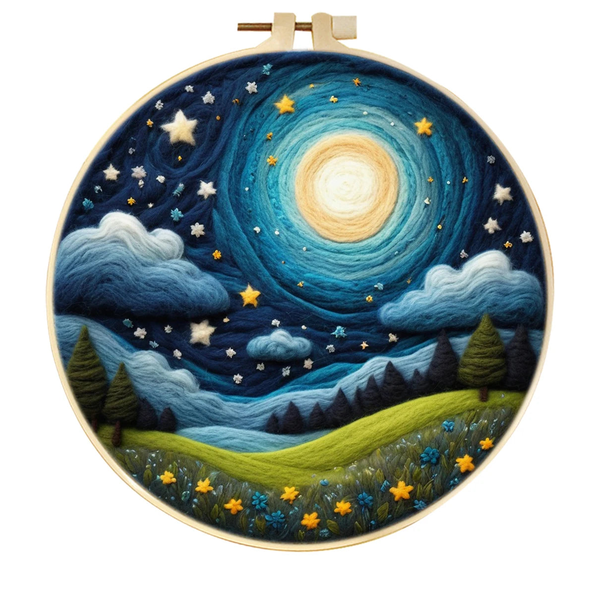 Kits de feutrage de laine à motif de paysage de ciel étoilé avec cadre de broderie