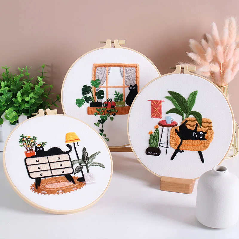 Cat and Plants Embroidery Kits for Beginners