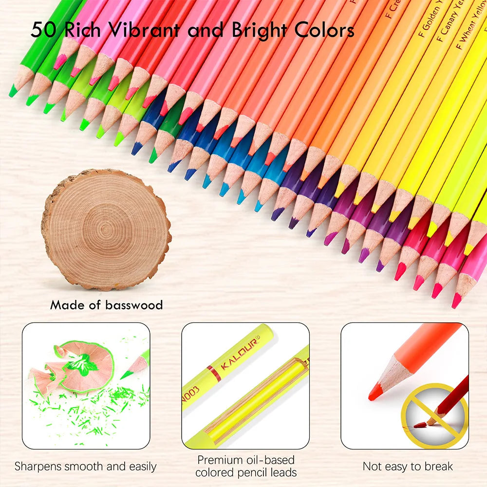 Ensemble de crayons de couleur néon de 50 crayons de dessin de couleur fluorescente
