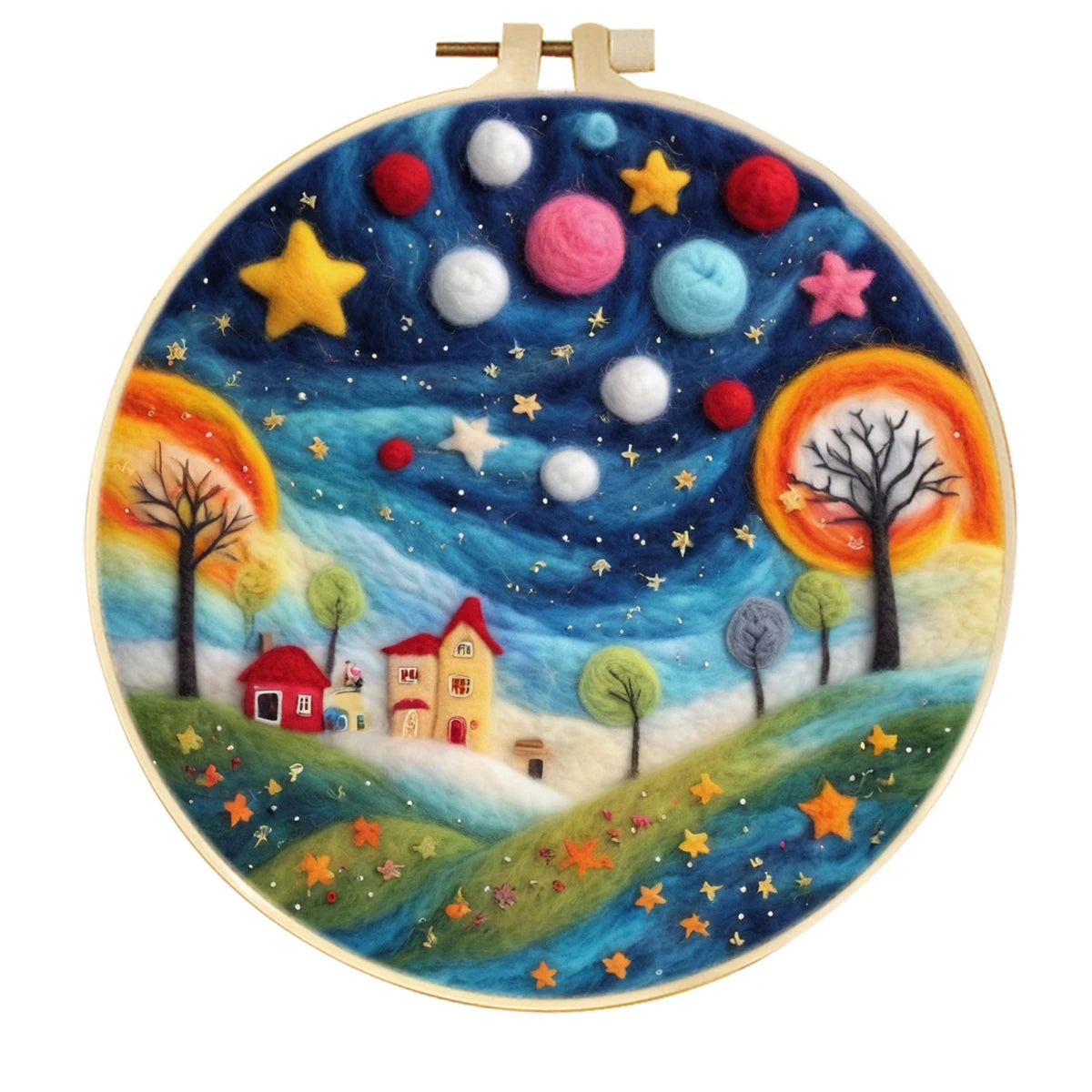 Kits de feutrage de laine à motif de paysage de ciel étoilé avec cadre de broderie