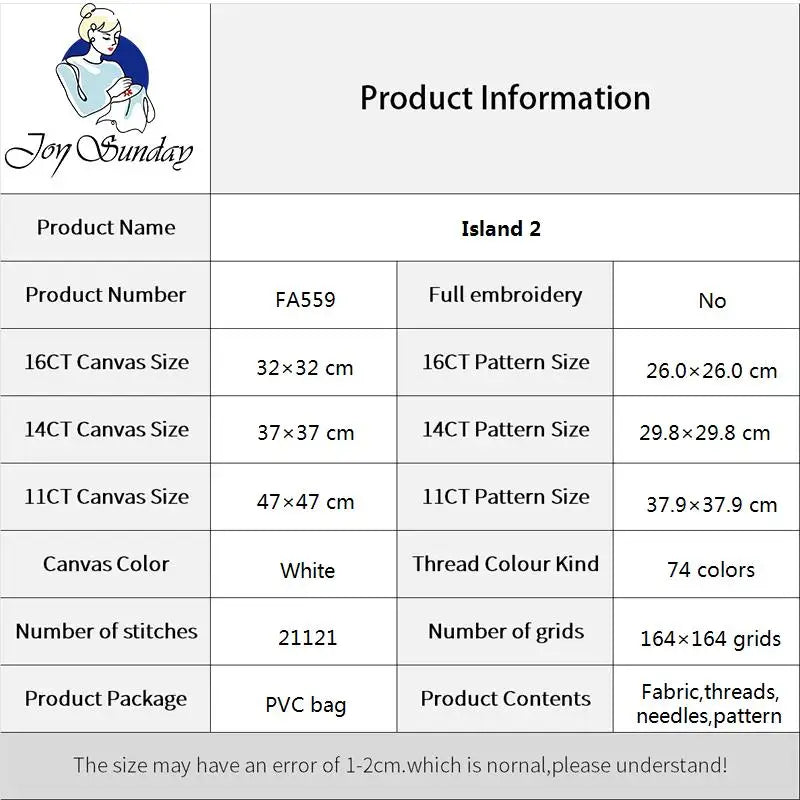 Kits de points de croix Joy Sunday Island View 11 CT 14 CT 16 CT