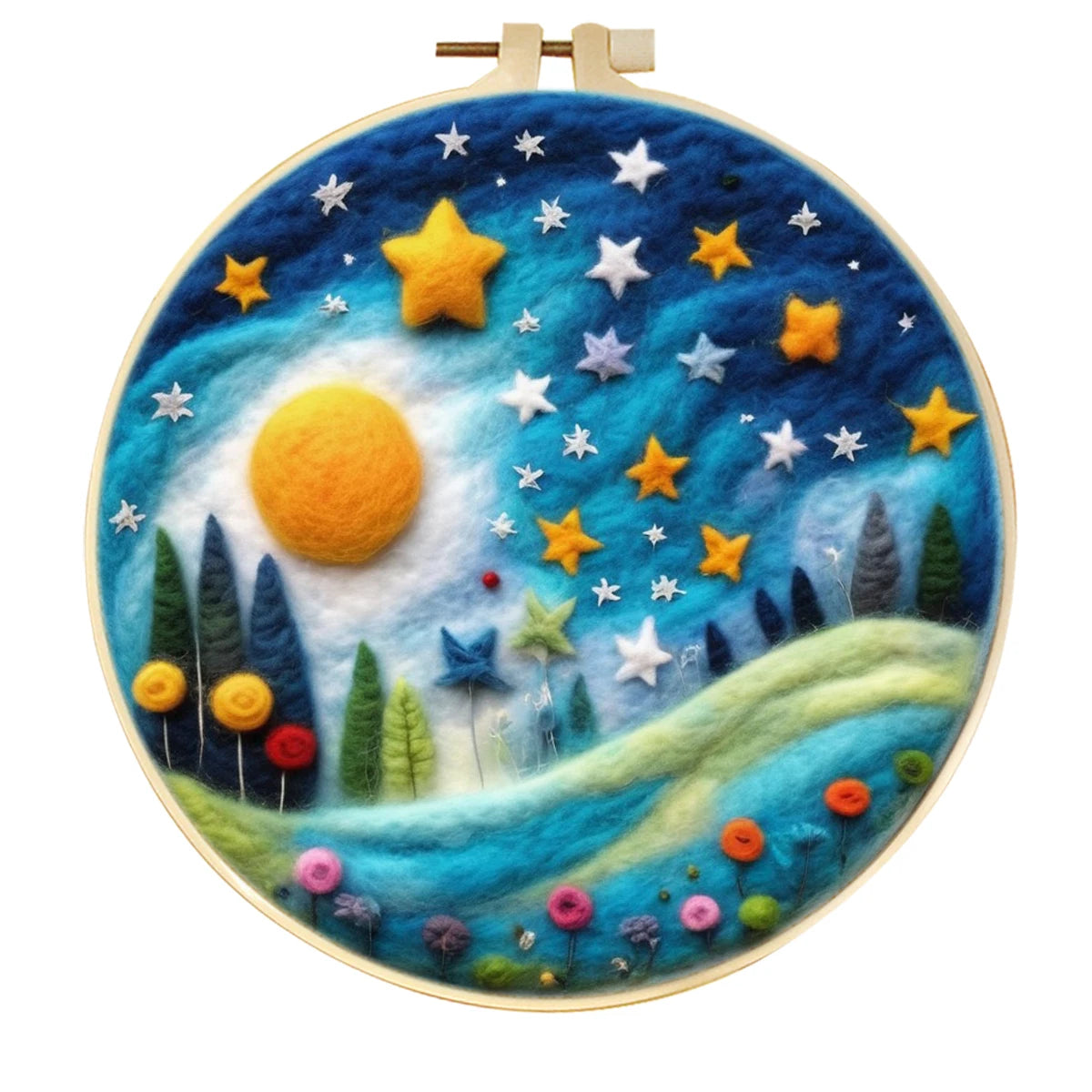 Kits de feutrage de laine à motif de paysage de ciel étoilé avec cadre de broderie