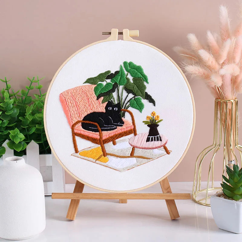 Cat and Plants Embroidery Kits for Beginners