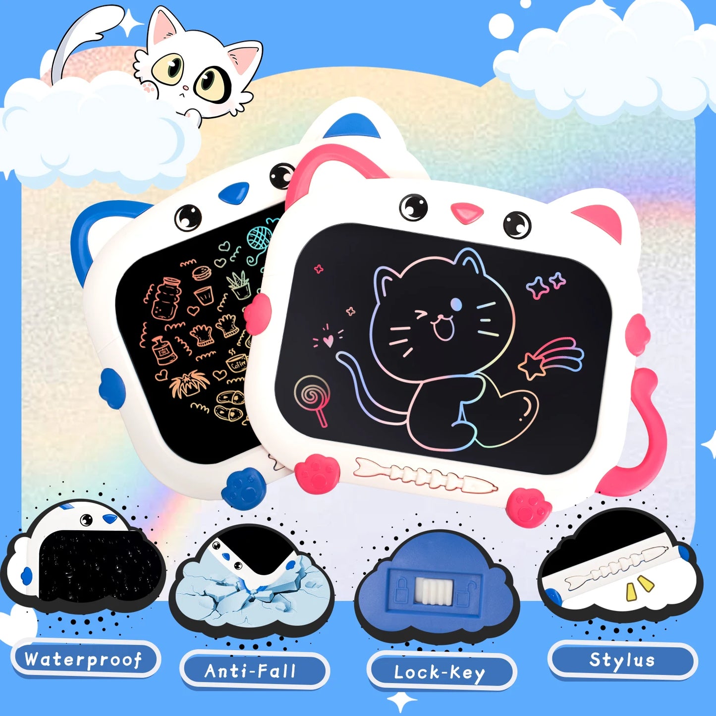 Tablette de dessin et d'écriture en forme de chat écran LCD 10po