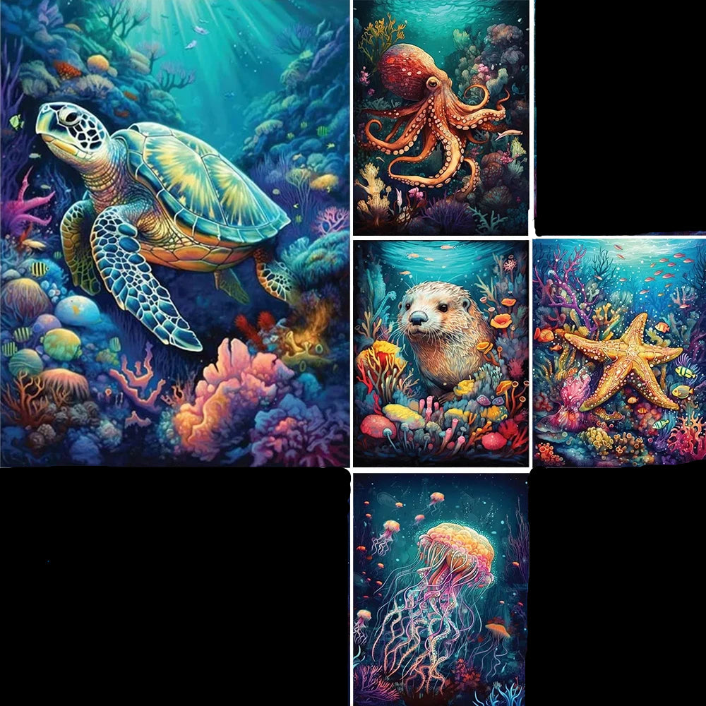Diamond paintings underwater world, turtle, jellyfish, octopus, starfish