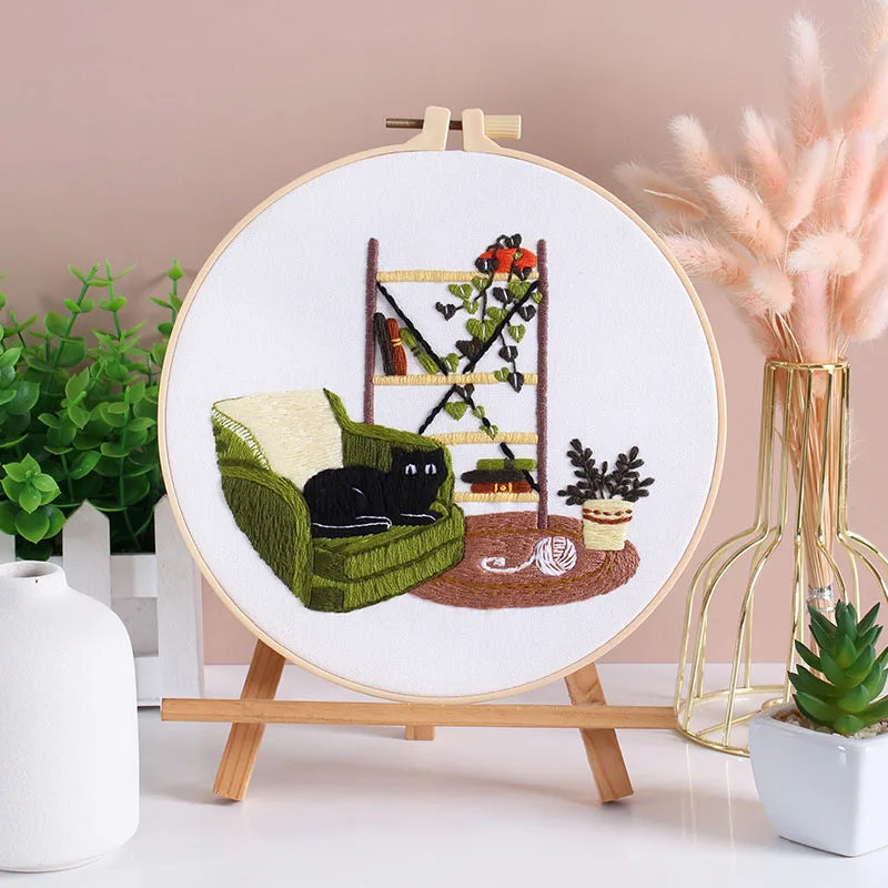 Cat and Plants Embroidery Kits for Beginners