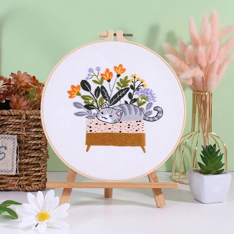 Cat and Plants Embroidery Kits for Beginners
