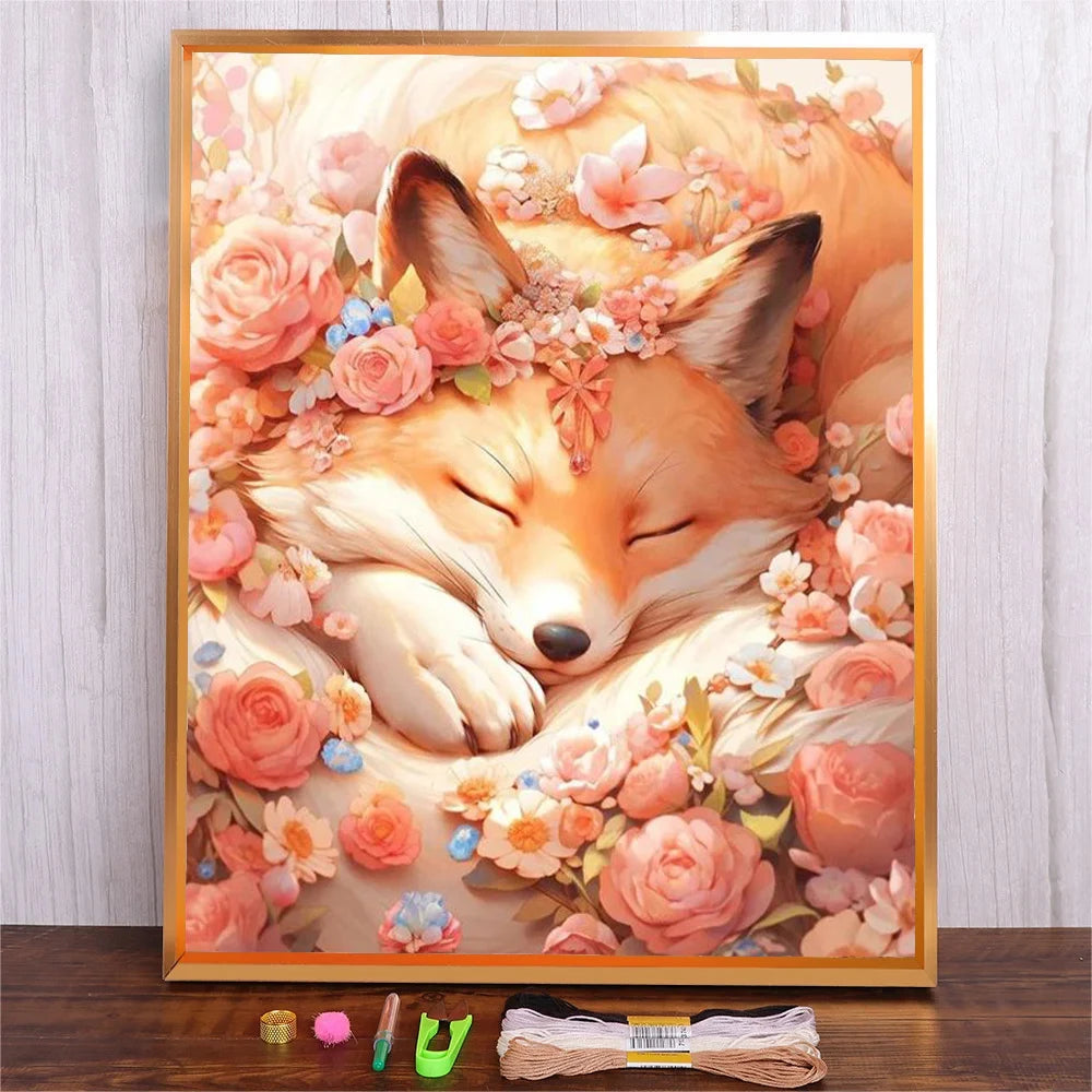 Kit de broderie au point de croix renard et fleurs 11Ct 14CT