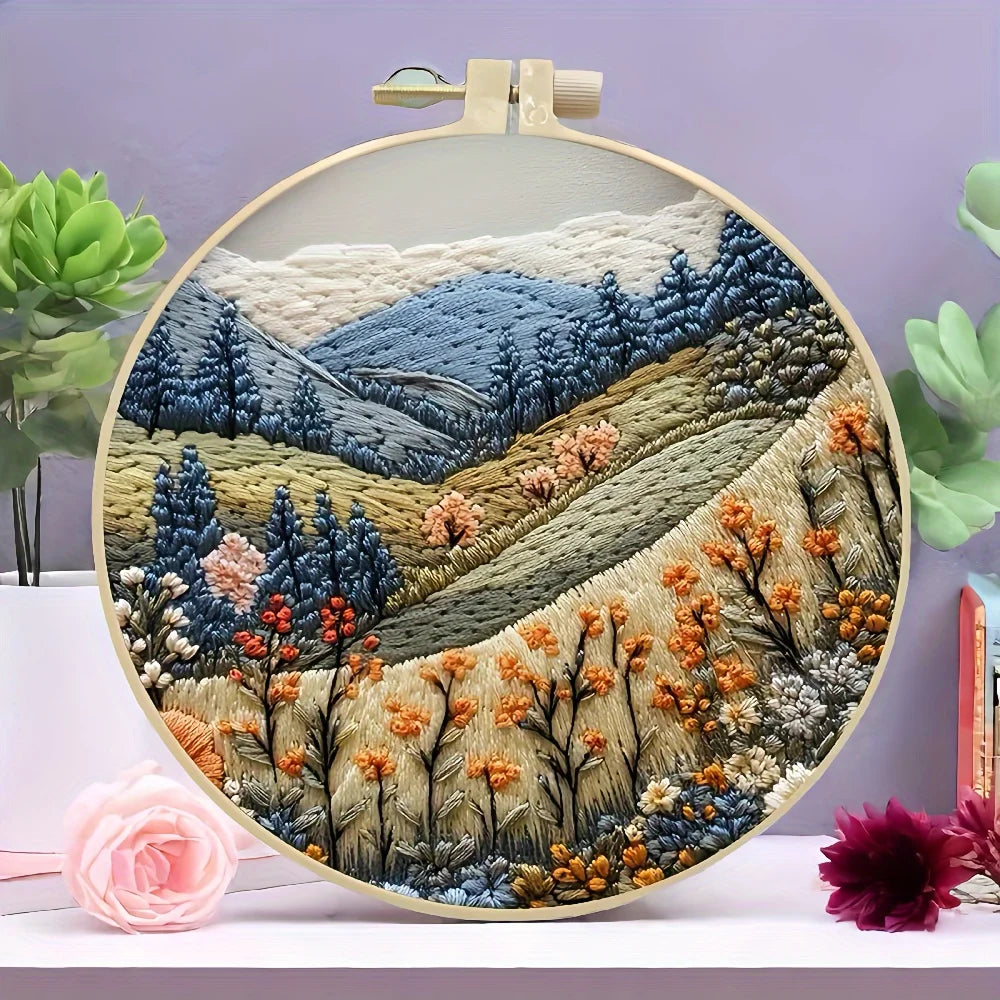 Hand Embroidery Kits for Beginners, Mountain and Moon Landscape