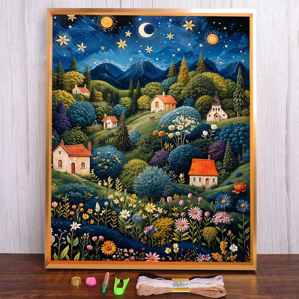 Kit de broderie au point de croix Toile imprimée paysage nuit étoilée 11CT 14 CT