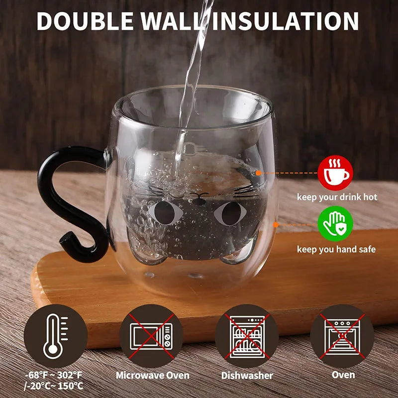 Tasse en verre à paroi double chat avec couvercle