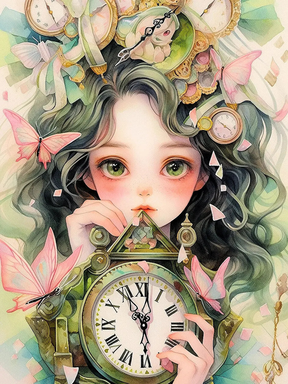 Kits de punto de cruz bordado impresiones anime chica con reloj