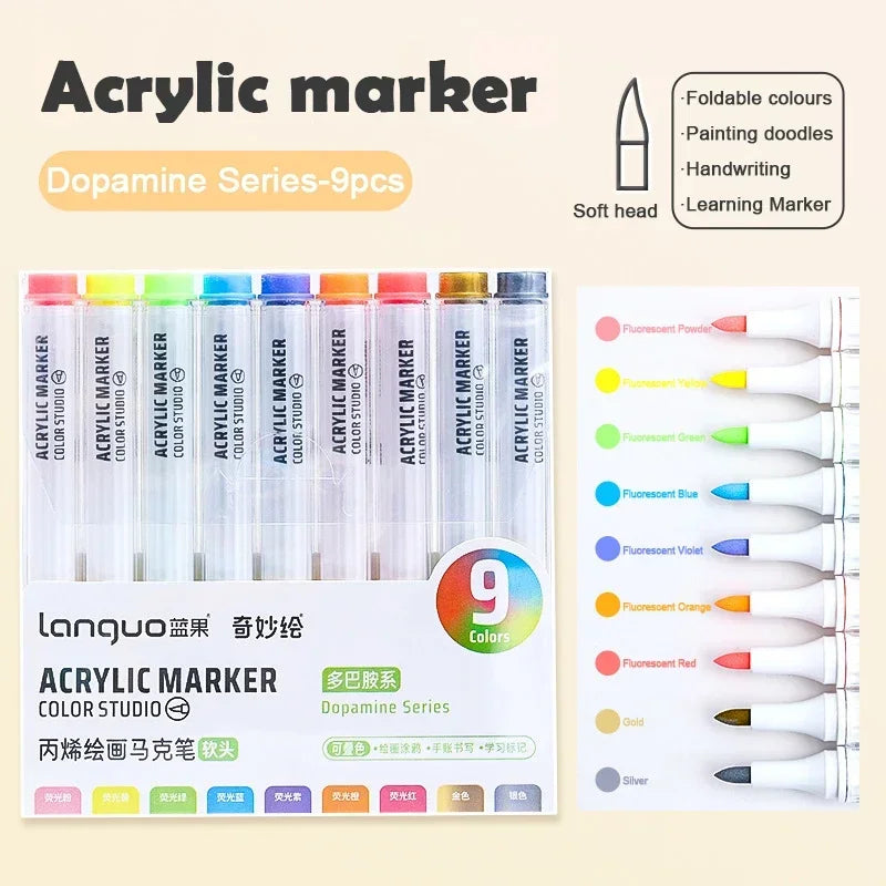 Boites de 9 Marqueurs à l'acrylique Languo Différentes nuances disponibles