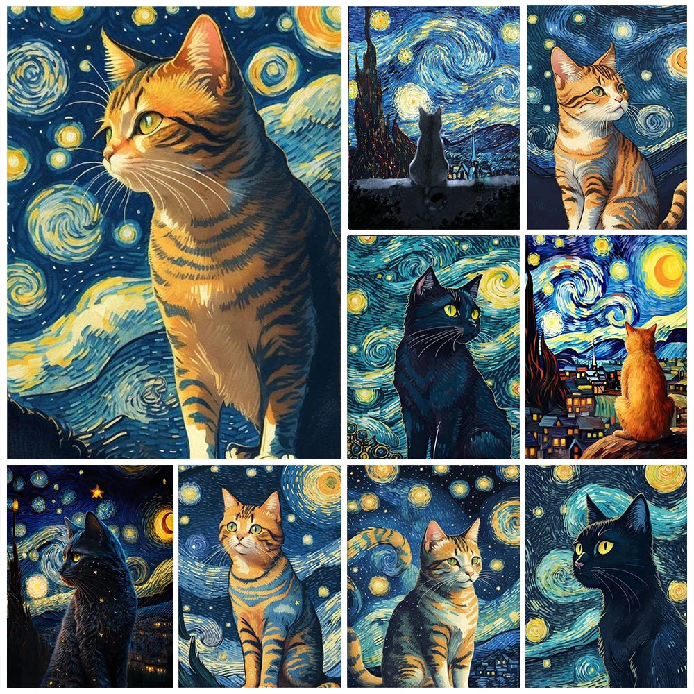 Van Gogh Starry Night Cat Diamond Paintings