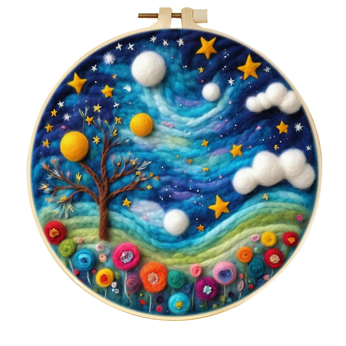 Kits de feutrage de laine à motif de paysage de ciel étoilé avec cadre de broderie