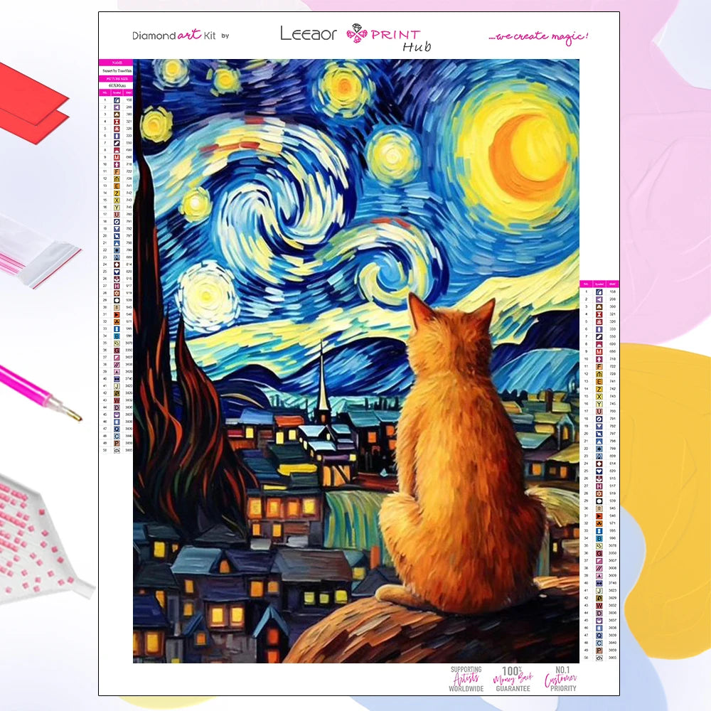 Van Gogh Starry Night Cat Diamond Paintings