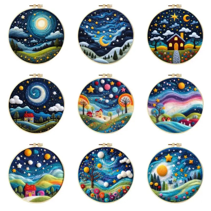 Kits de feutrage de laine à motif de paysage de ciel étoilé avec cadre de broderie