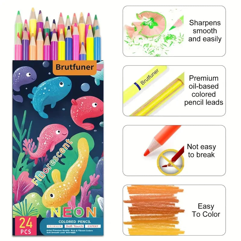 Brutfuner 24 crayons de couleur fluorescents à base d'huile