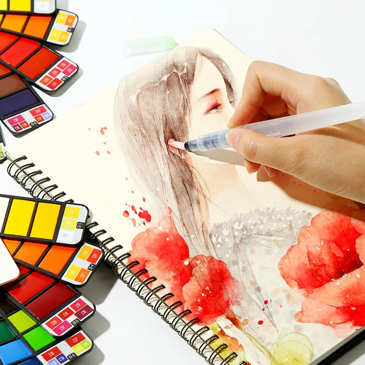 Aquarelle solide 18/24/36/42 couleurs étui rétractable avec 1 ou 6 pinceaux à réservoir