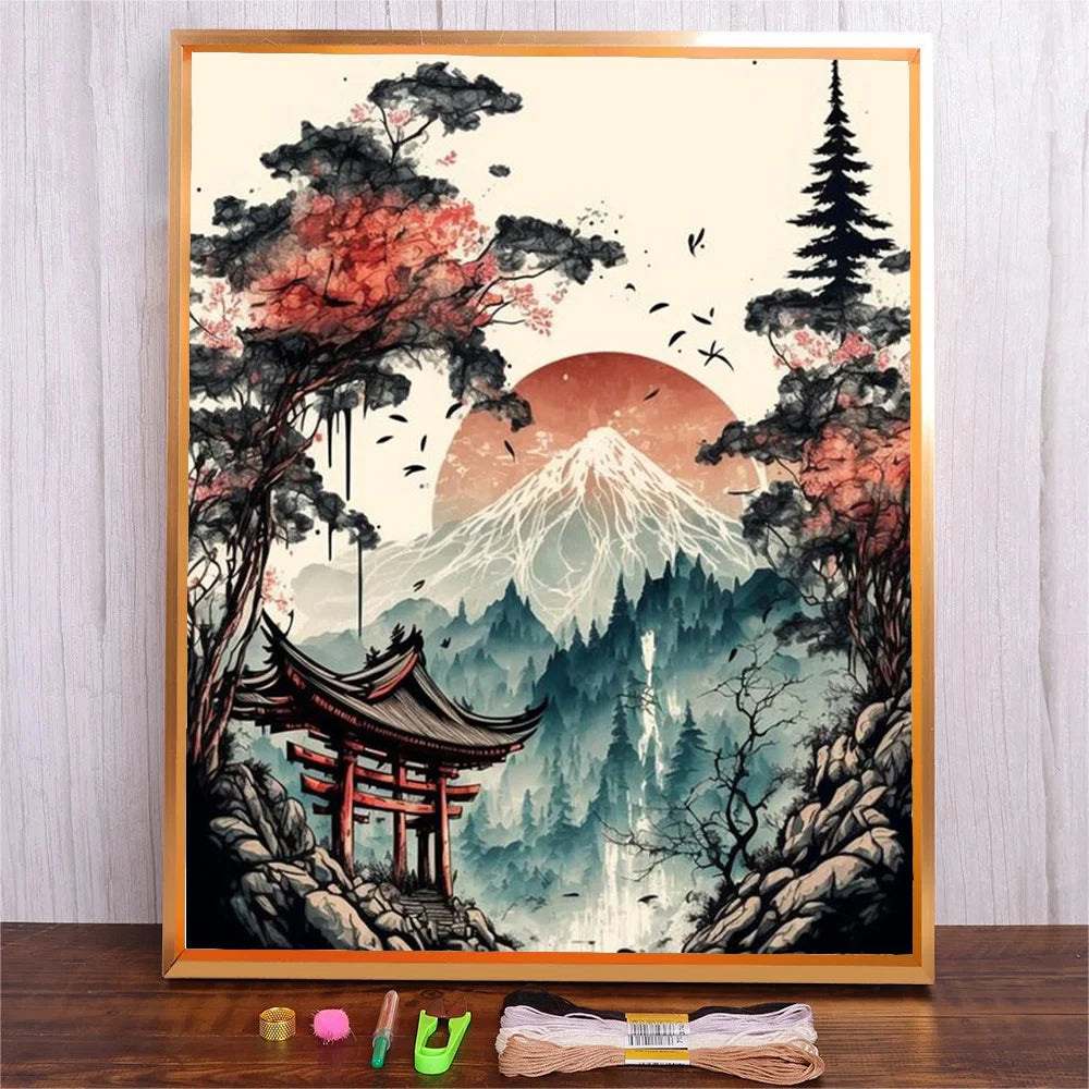 Ensemble de broderie point de croix toile imprimée Paysage japonais 11 CT 14 CT