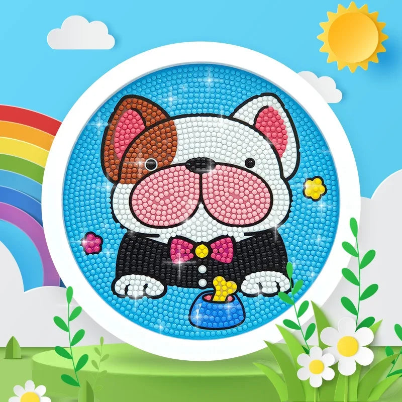 Peinture à diamants avec cadre rond pour enfant Dinosaure chien hérisson