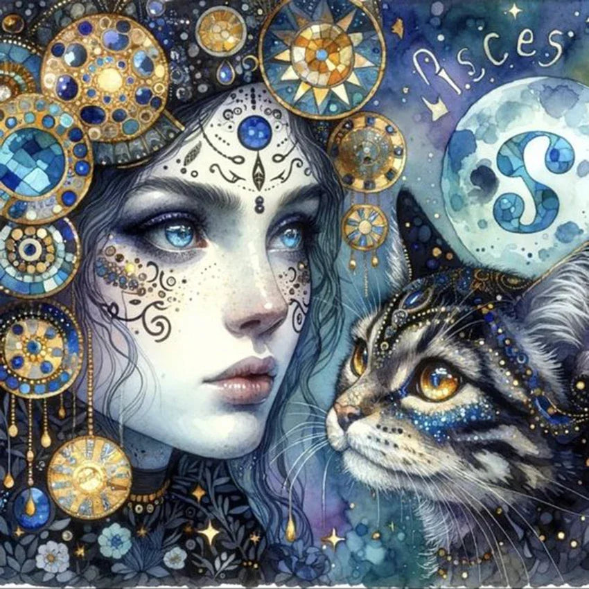 Peintures à Diamants Femme bleue Chat