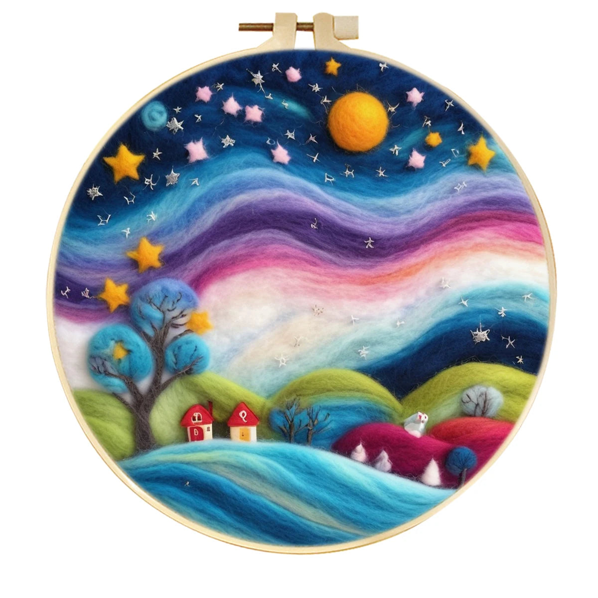 Kits de feutrage de laine à motif de paysage de ciel étoilé avec cadre de broderie