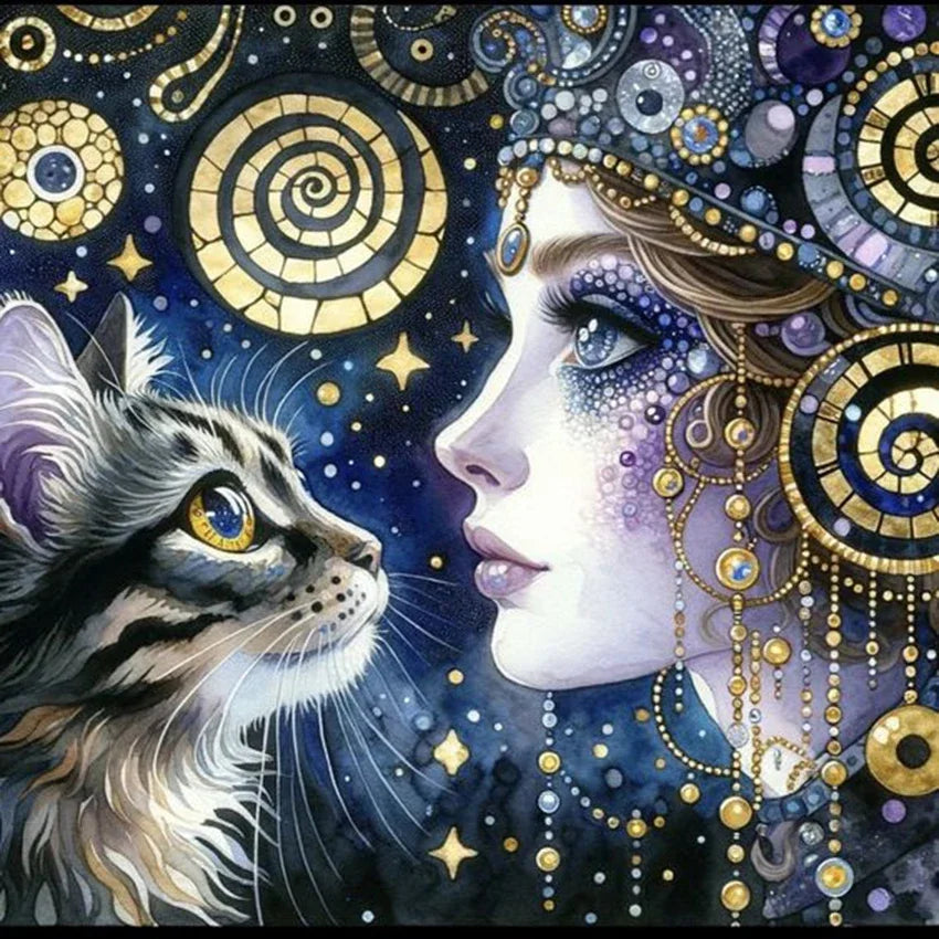 Peintures à Diamants Femme bleue Chat