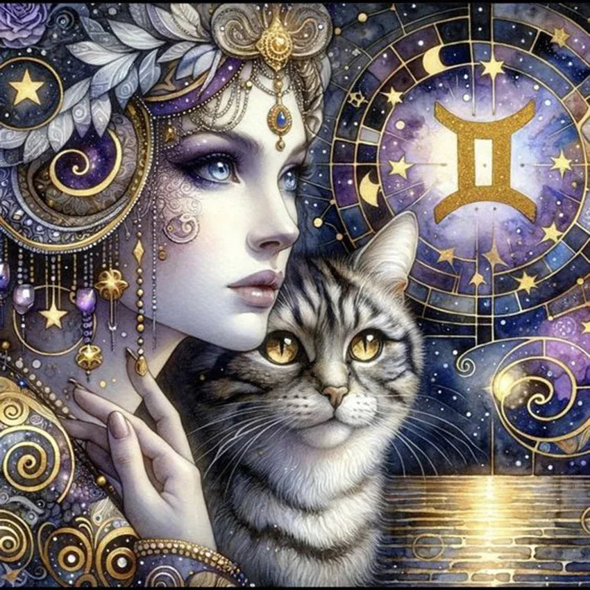 Peintures à Diamants Femme bleue Chat