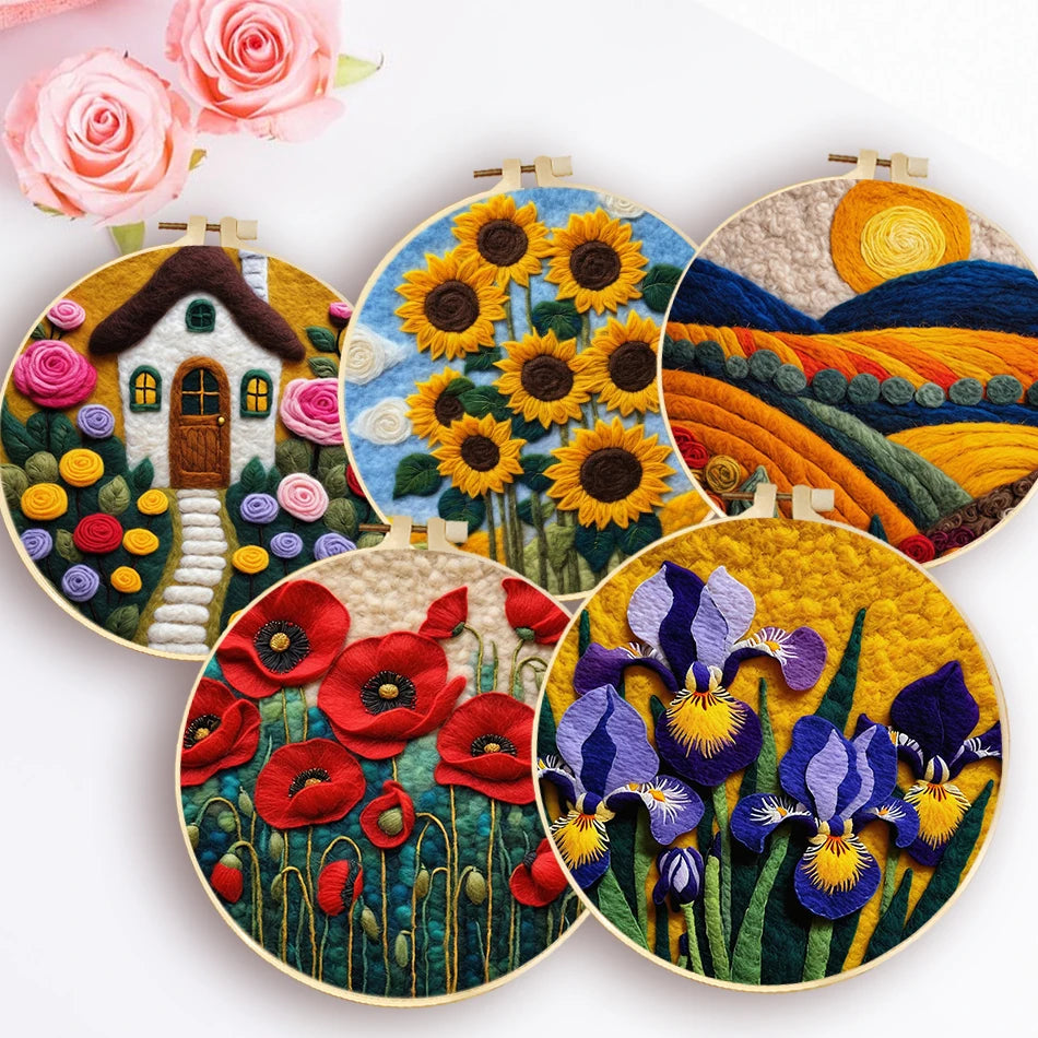 Kits de feutrage peinture avec cadre de broderie fleur paysage