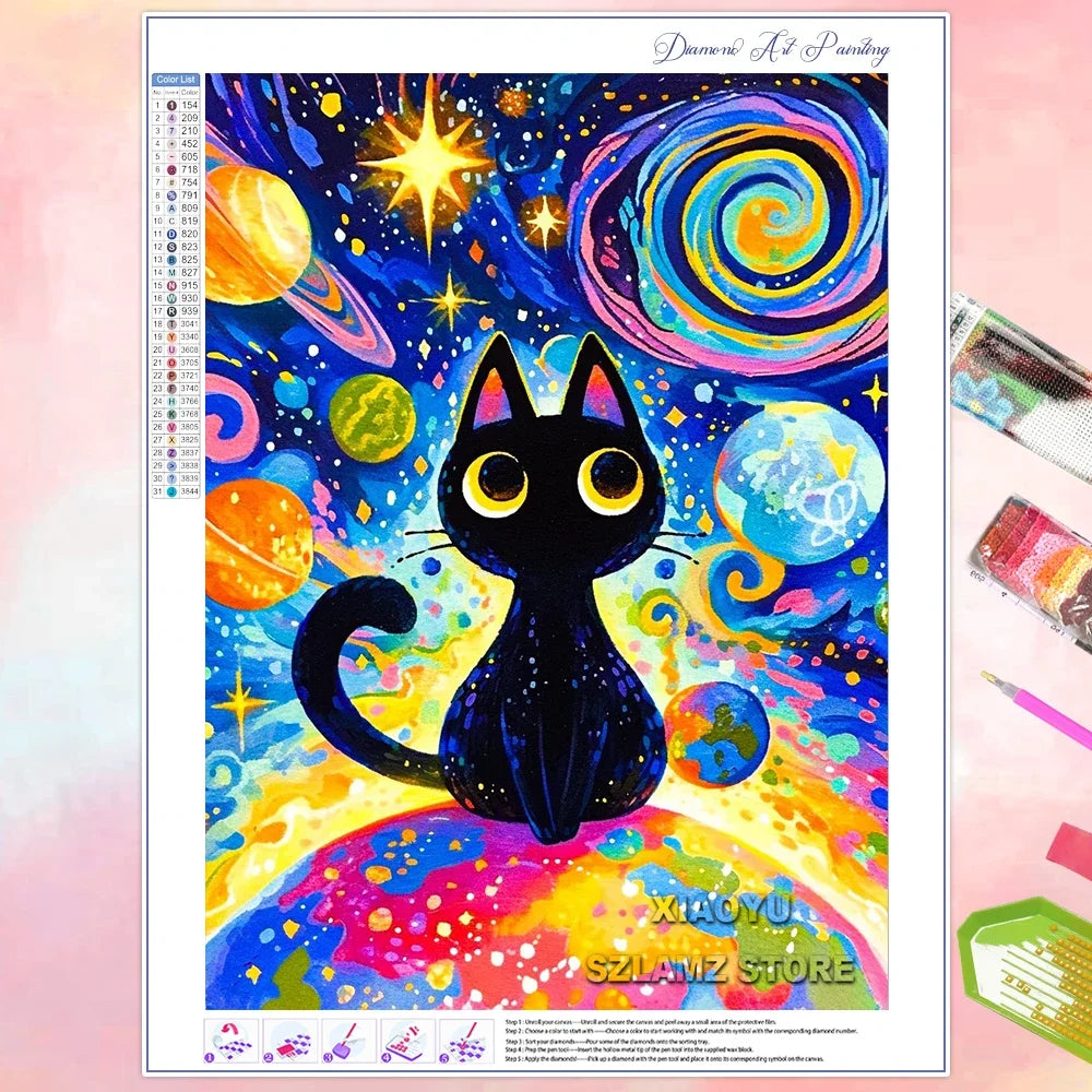 Peintures à diamants pour adulte débutant Anime Chat dans l'espace