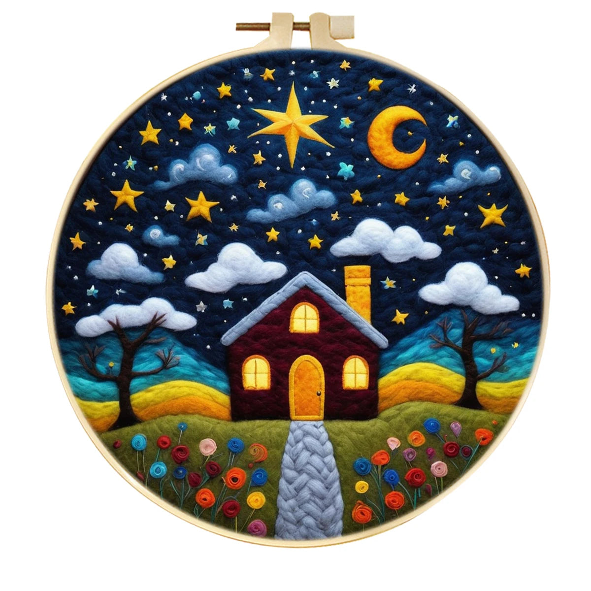 Kits de feutrage de laine à motif de paysage de ciel étoilé avec cadre de broderie