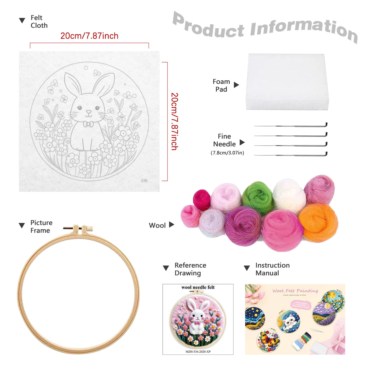 Kits de feutrage peinture avec cadre de broderie 20x20 cm animal