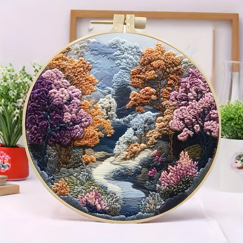 Hand Embroidery Kits for Beginners, Mountain and Moon Landscape