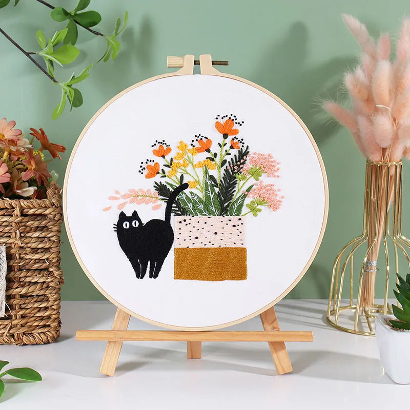 Cat and Plants Embroidery Kits for Beginners