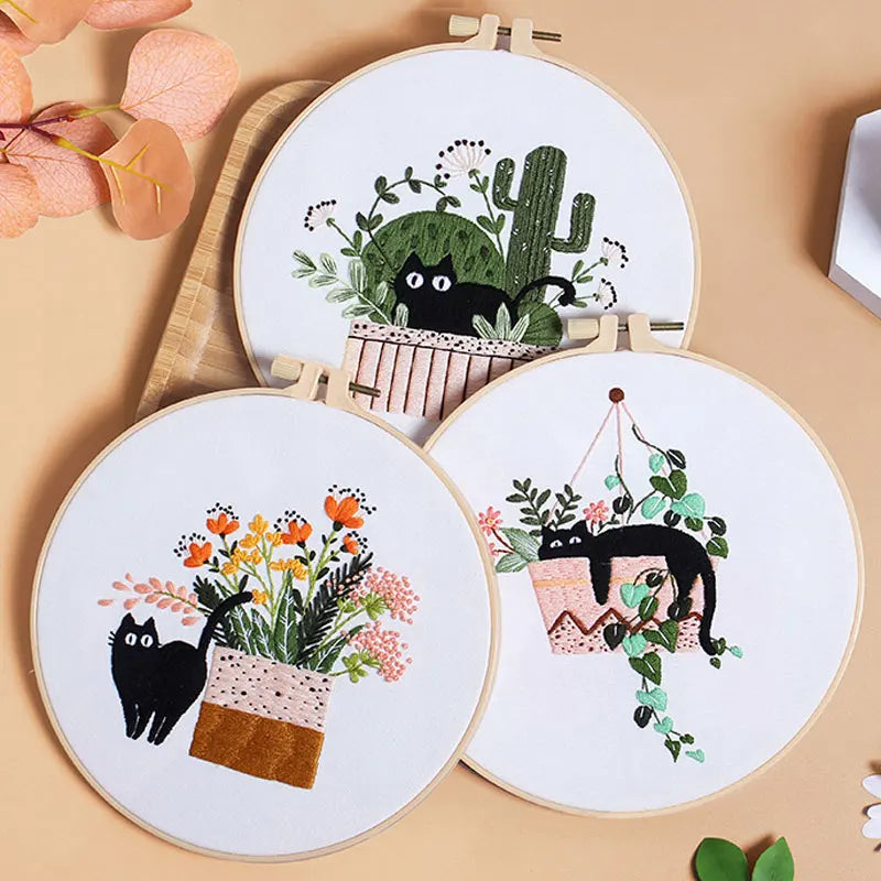 Cat and Plants Embroidery Kits for Beginners
