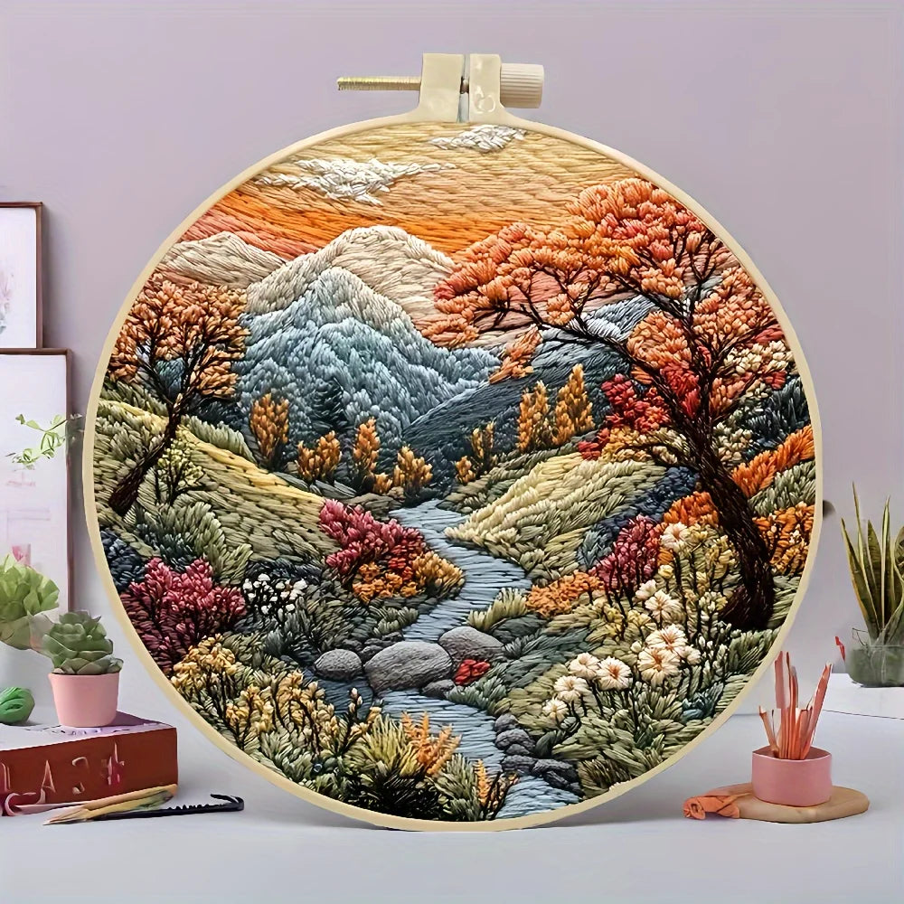 Hand Embroidery Kits for Beginners, Mountain and Moon Landscape